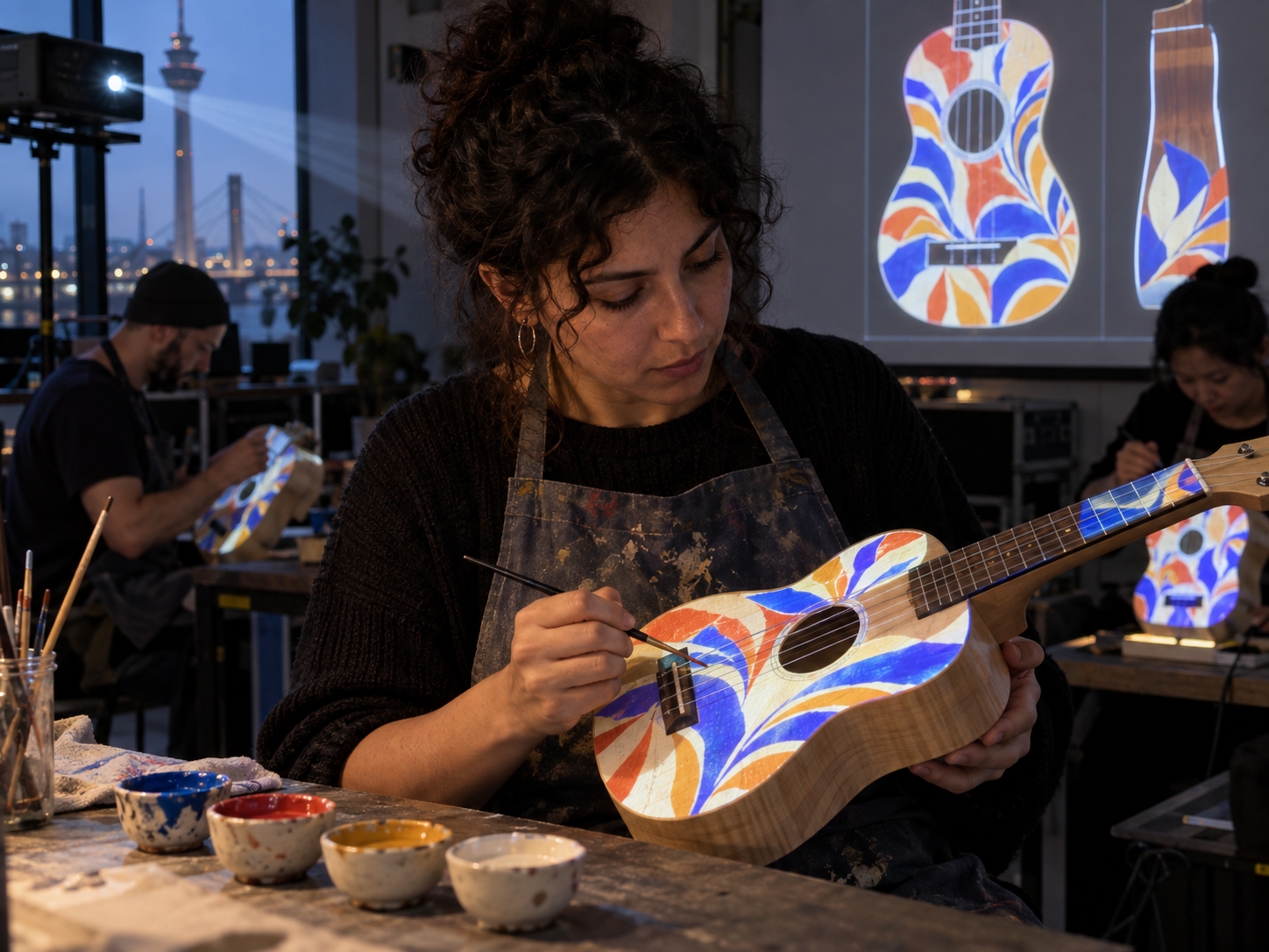 Painting a ukulele with a projected design as a guide