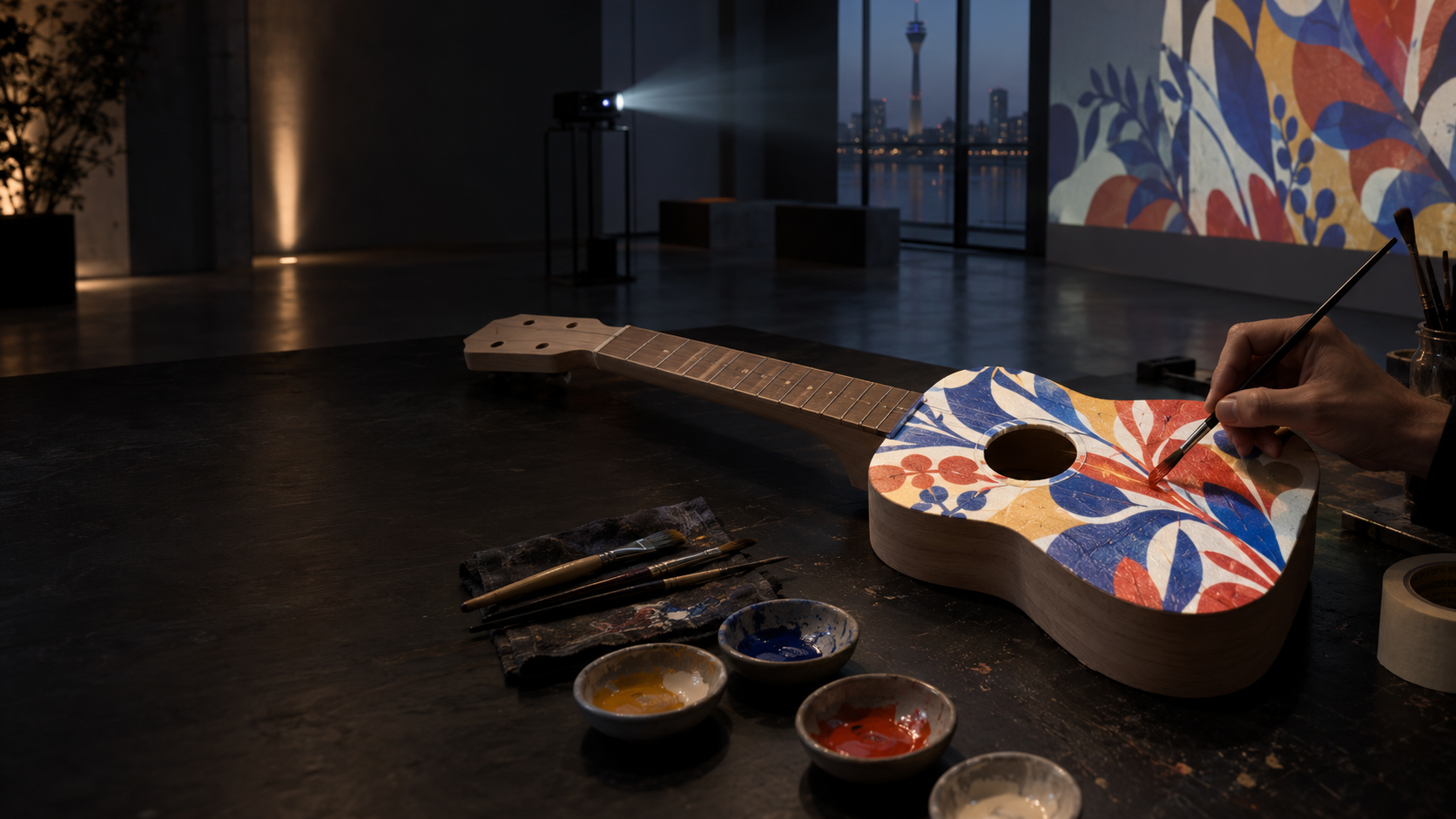 A wooden ukulele being hand-painted with a projection-mapped design